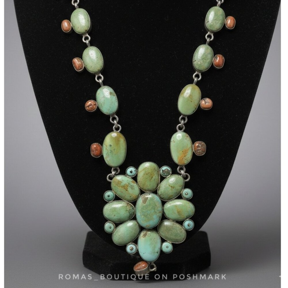 Southwestern-style necklace  turquoise and red coral stones, sterling silver